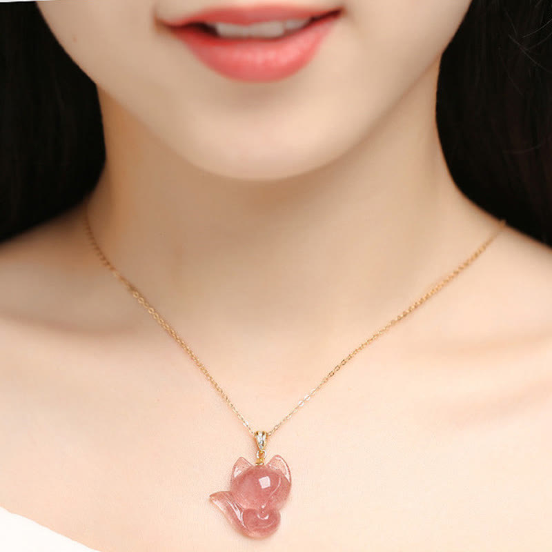 EverestArtstudios 925 Sterling Silver Plated 14k Gold Strawberry Quartz Fox Healing Necklace Pendant
