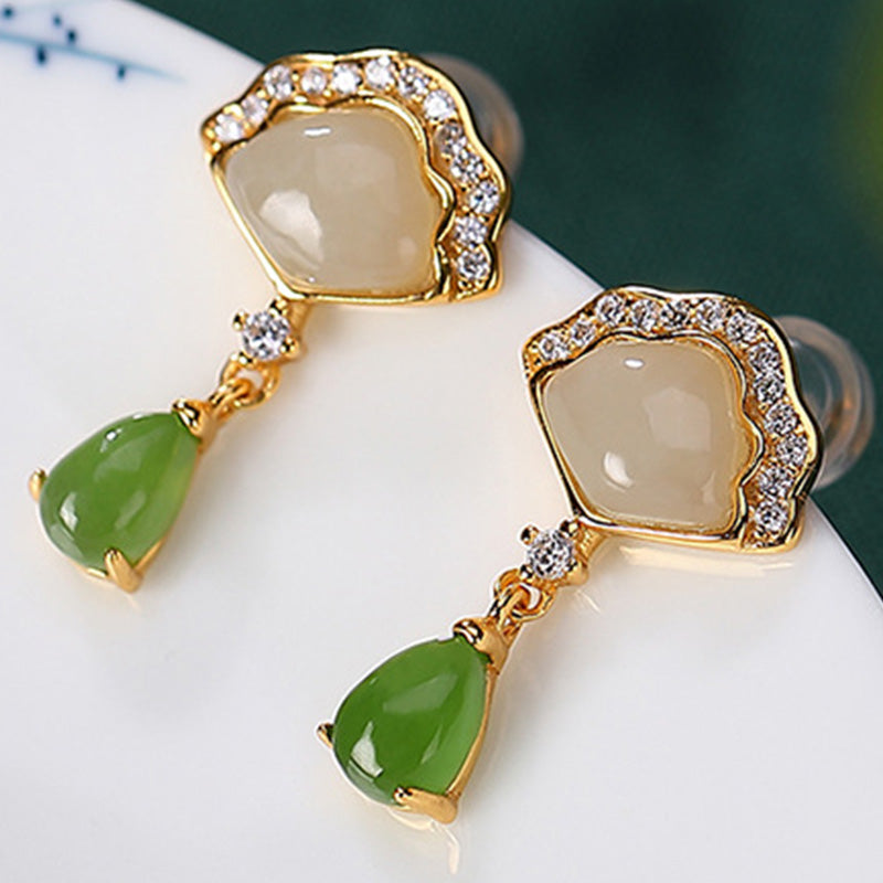 EverestArtstudios White Jade Cyan Jade Fan Water Drop Pattern Luck Drop Earrings