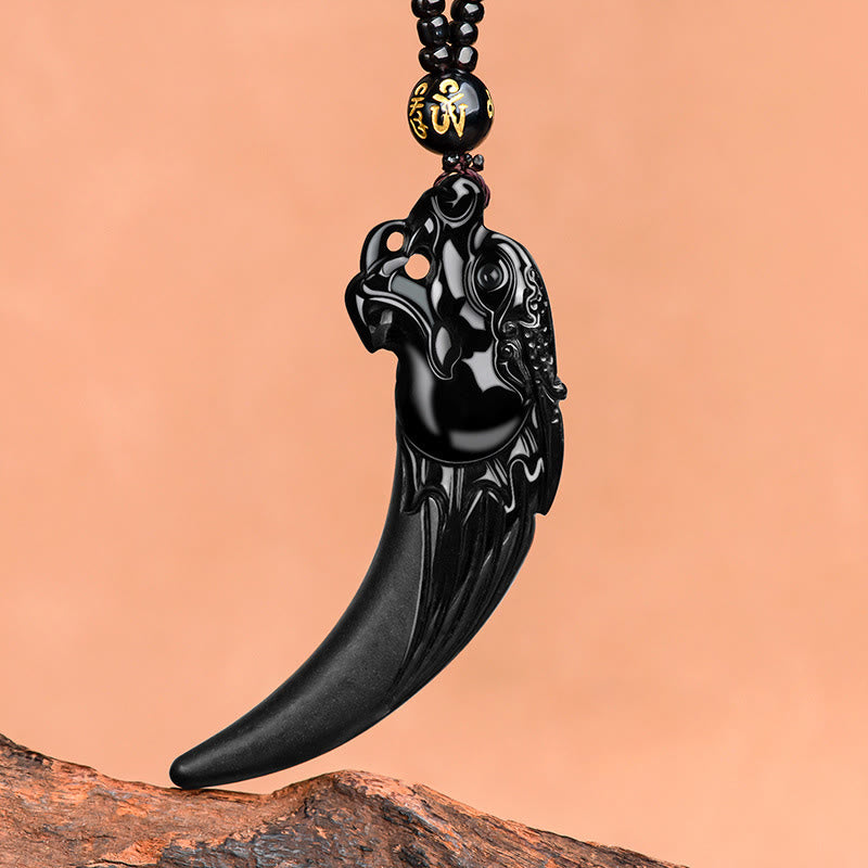 EverestArtstudios Natural Black Jade Chinese Zodiac Dragon Tooth Pattern Protection Necklace Pendant