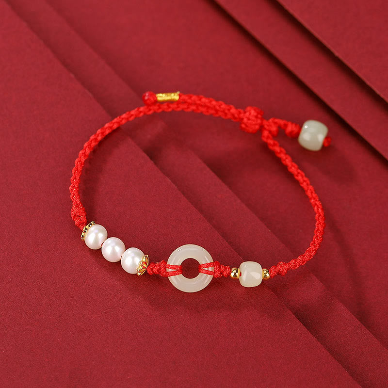EverestArtStudios 925 Sterling Silver Plated Gold Hetian Jade Peace Buckle Pearl Luck Bracelet