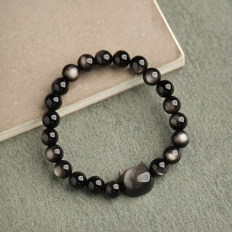 EverestArtStudios Gold Sheen Obsidian Silver Sheen Obsidian Cute Paw Fortunate Cat Protective Bracelet