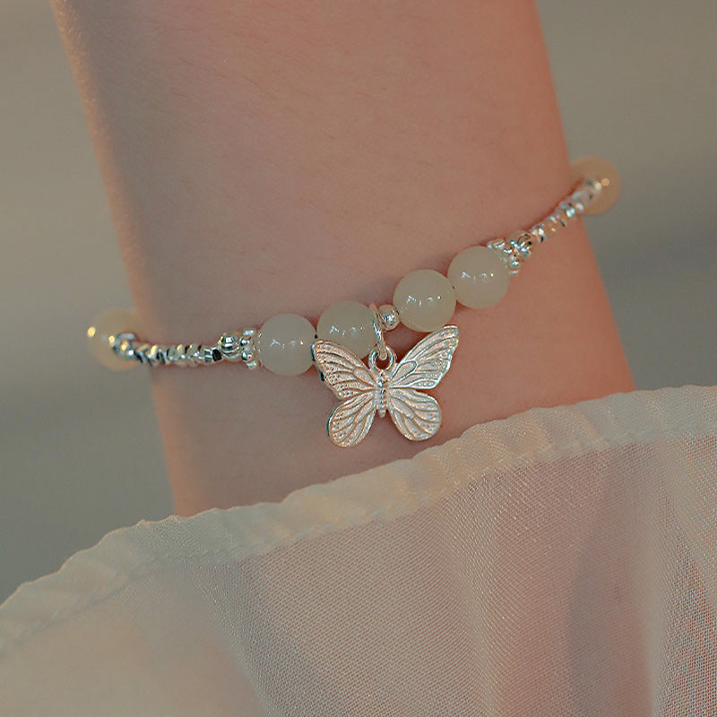 EverestArtstudios 925 Sterling Silver Natural Hetian Jade Luck Butterfly Charm Bracelet