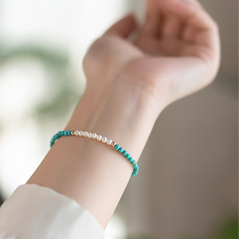 EverestArtStudios 925 Sterling Silver Natural Turquoise Pearl Beaded Bracelet