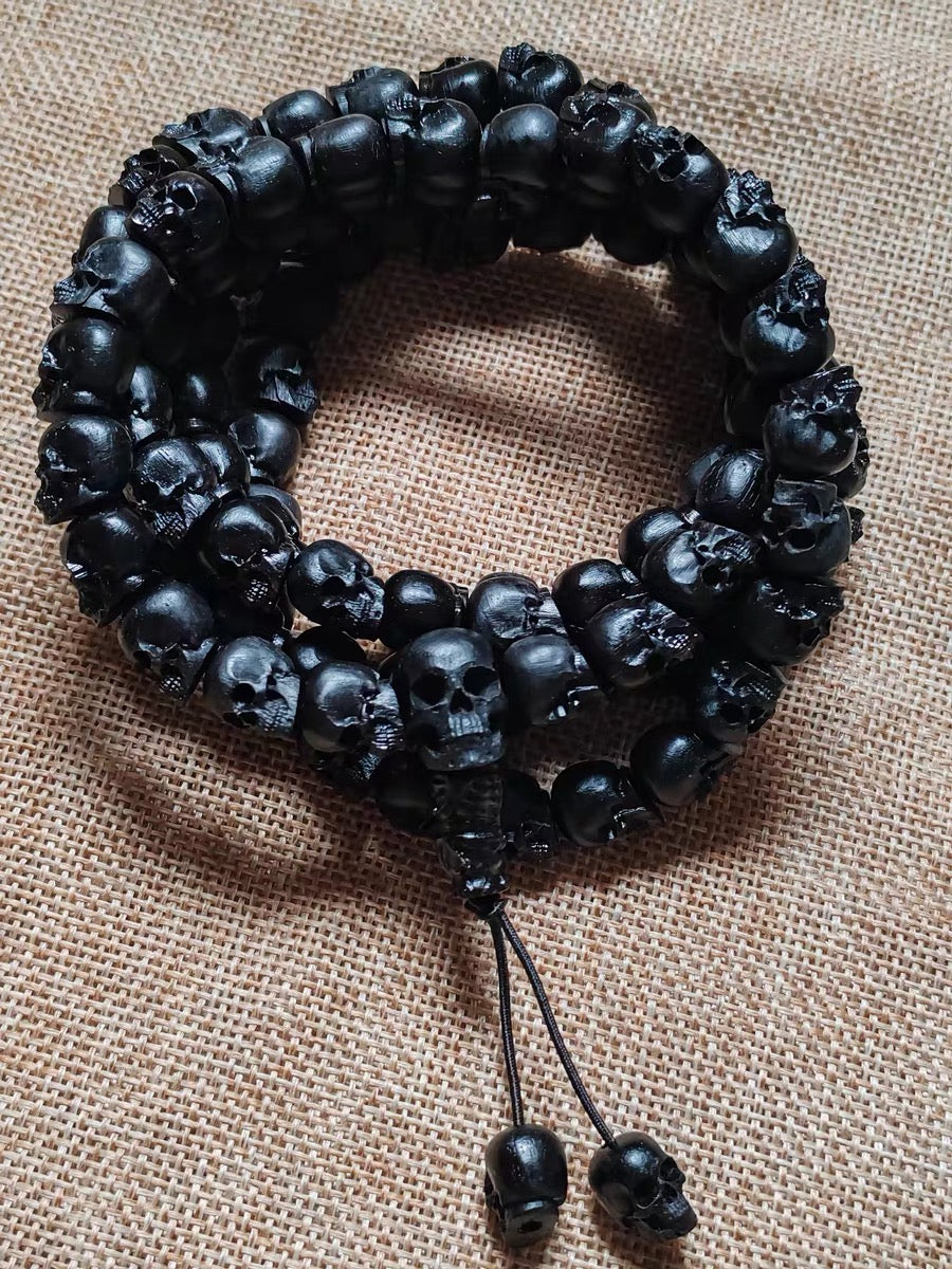 Natural Black Sandalwood Skull Mala Bracelet: Tibetan Buddhist Prayer 108 Beads