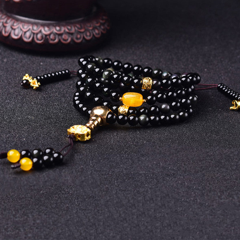 EverestArtstudios 108 Beads Natural Black Obsidian Lotus Fulfilment Mala Bracelet