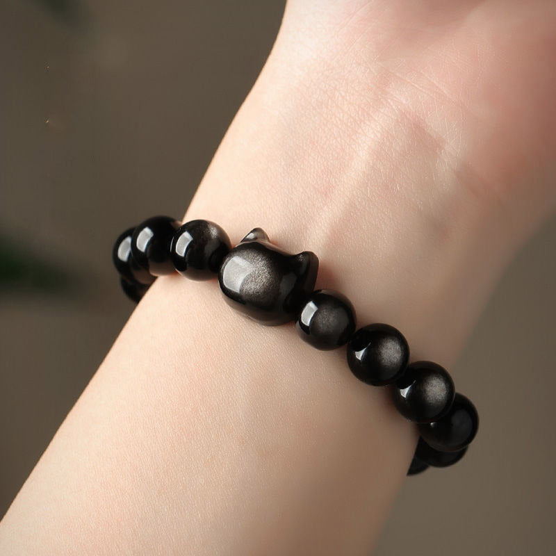 EverestArtStudios Gold Sheen Obsidian Silver Sheen Obsidian Cute Paw Fortunate Cat Protective Bracelet