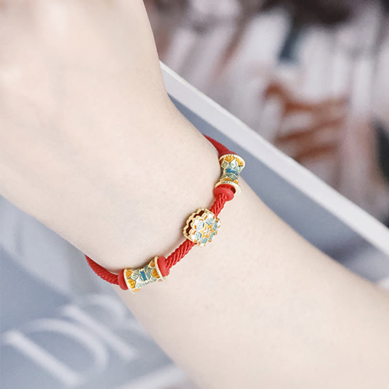 EverestArtStudios Dunhuang 925 Sterling Silver Lotus Drum New Beginning Red Cord Bracelet