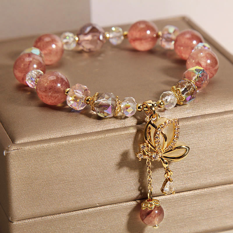 EverestArtStudios Genuine Strawberry Quartz Therapeutic Uplifting Butterfly Pendant Bracelet