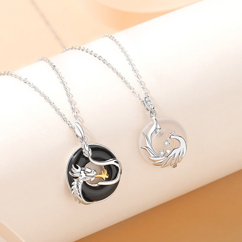 EverestArtstudios 925 Sterling Silver Year of the Dragon Natural Black Onyx Chalcedony Dragon Phoenix Peace Buckle Protection Necklace Pendant