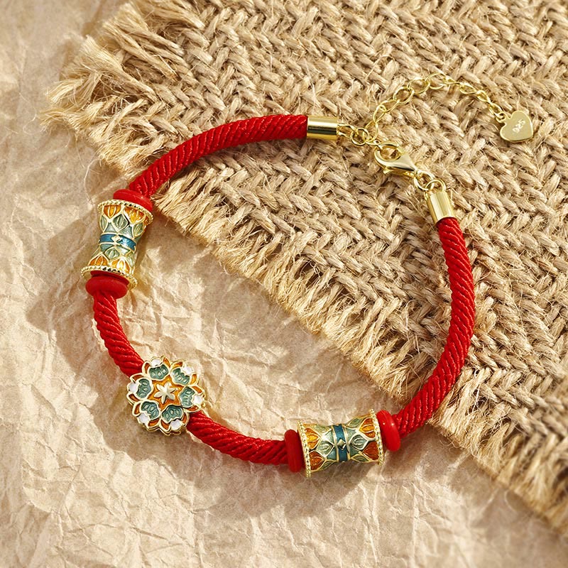 EverestArtStudios Dunhuang 925 Sterling Silver Lotus Drum New Beginning Red Cord Bracelet