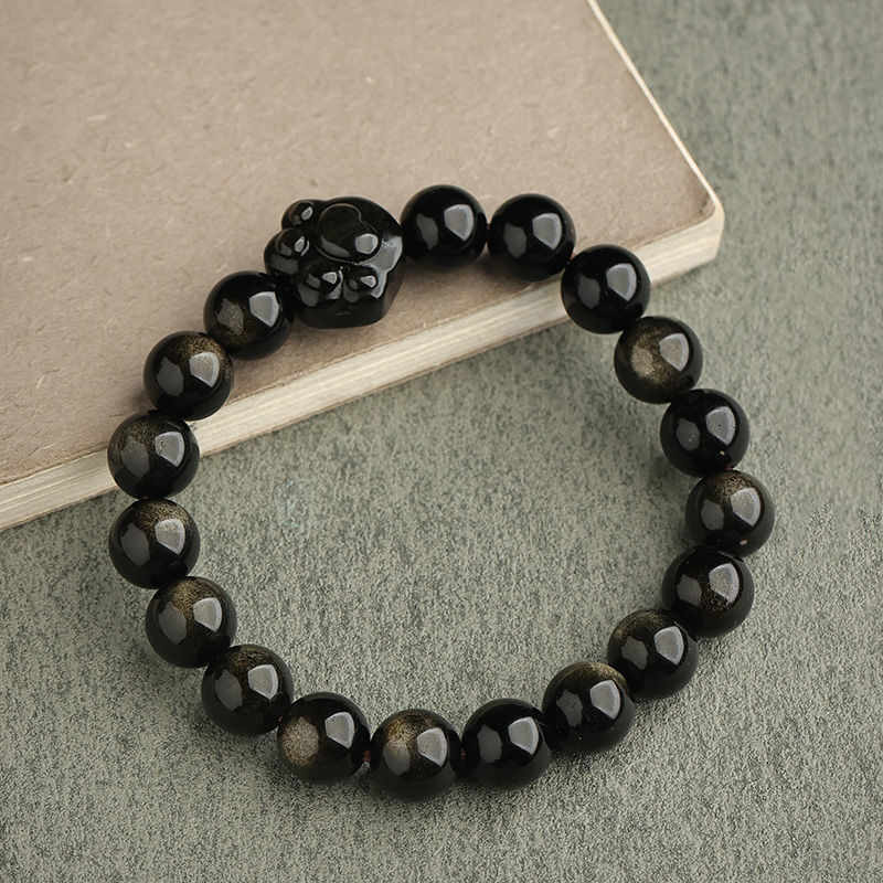 EverestArtStudios Gold Sheen Obsidian Silver Sheen Obsidian Cute Paw Fortunate Cat Protective Bracelet