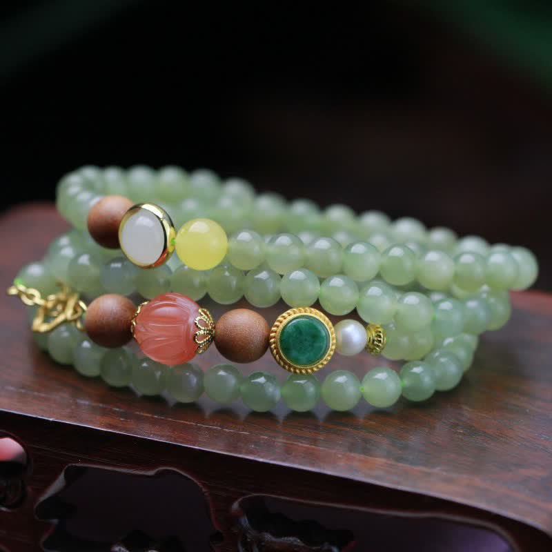 EverestArtstudios Natural Hetian Jade Amber Lotus Red Agate Luck Abundance Bracelet
