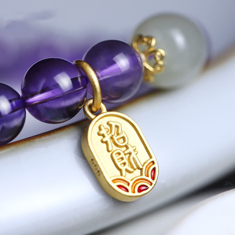 EverestArtstudios Natural Amethyst Crystal Hetian Jade Healing Charm Bracelet