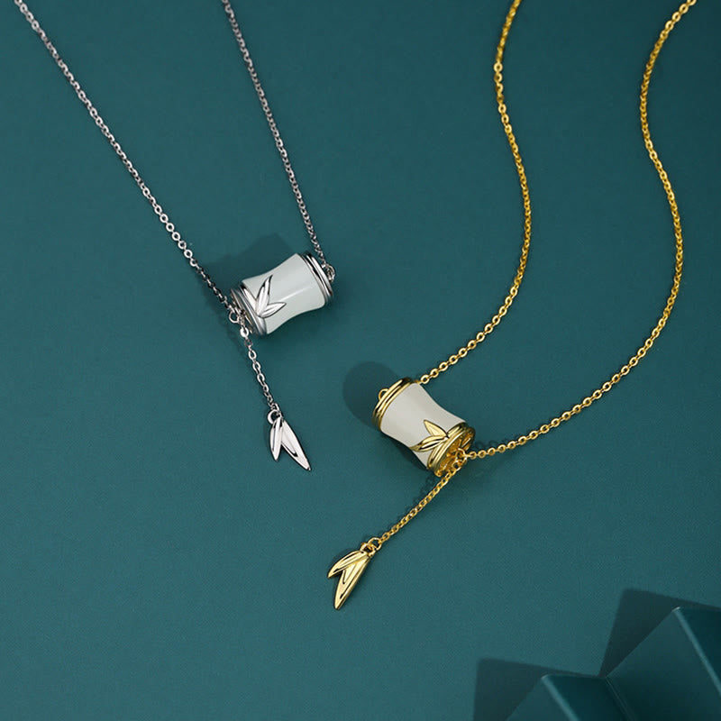 EverestArtstudios 925 Sterling Silver 22K Gold Hetian White Jade Bamboo Leaf Luck Necklace Pendant Bracelet