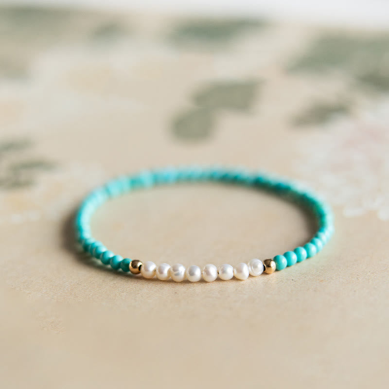 EverestArtStudios 925 Sterling Silver Natural Turquoise Pearl Beaded Bracelet