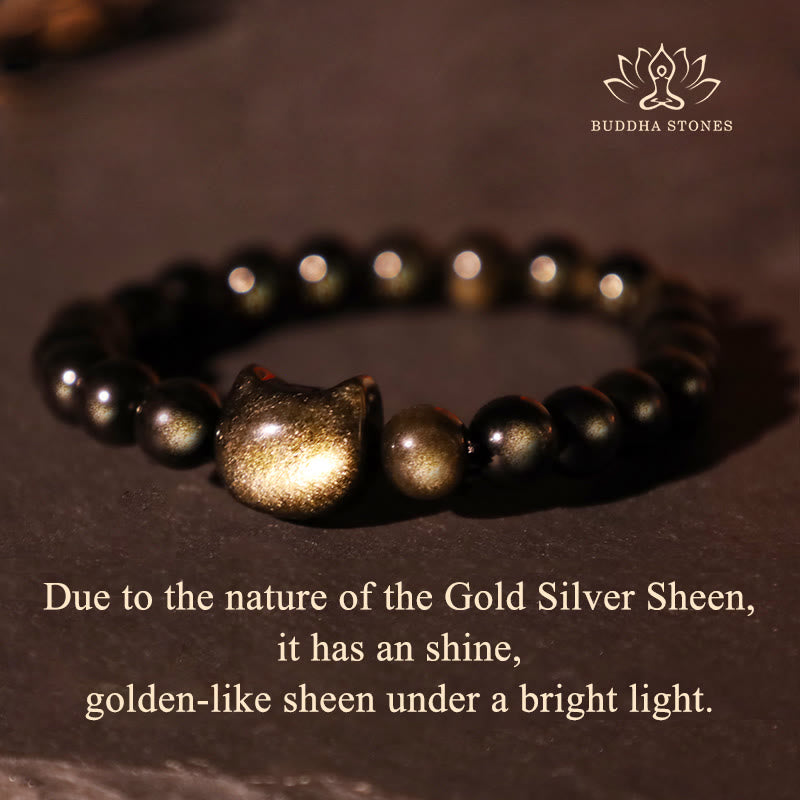 EverestArtStudios Gold Sheen Obsidian Silver Sheen Obsidian Cute Paw Fortunate Cat Protective Bracelet