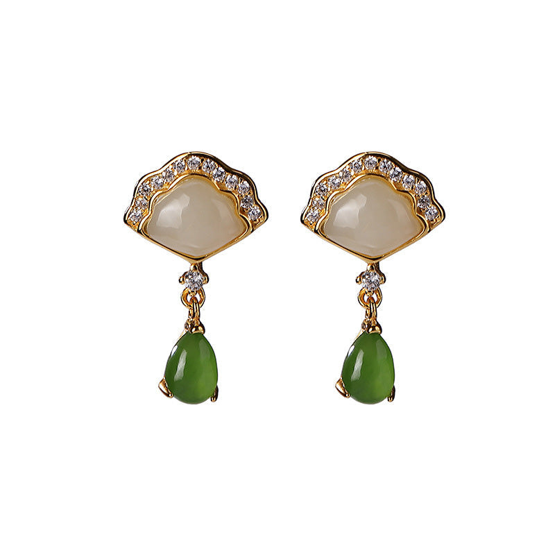 EverestArtstudios White Jade Cyan Jade Fan Water Drop Pattern Luck Drop Earrings