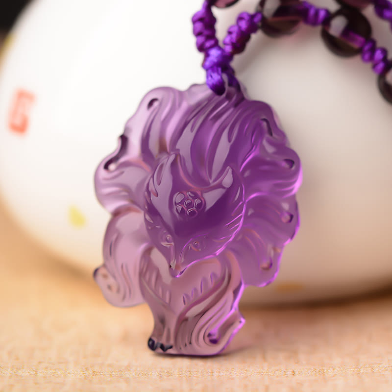 EverestArtstudios Natural Amethyst White Crystal Citrine Nine Tailed Fox Luck Necklace Pendant