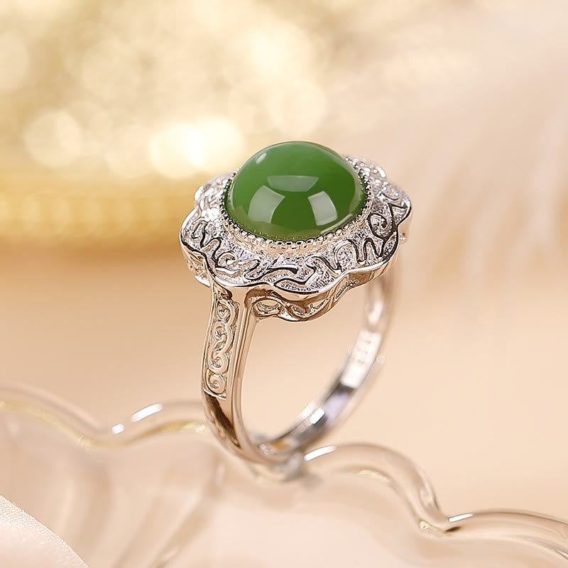EverestArtstudios 925 Sterling Silver Hetian Cyan Jade Flower Design Luck Adjustable Ring