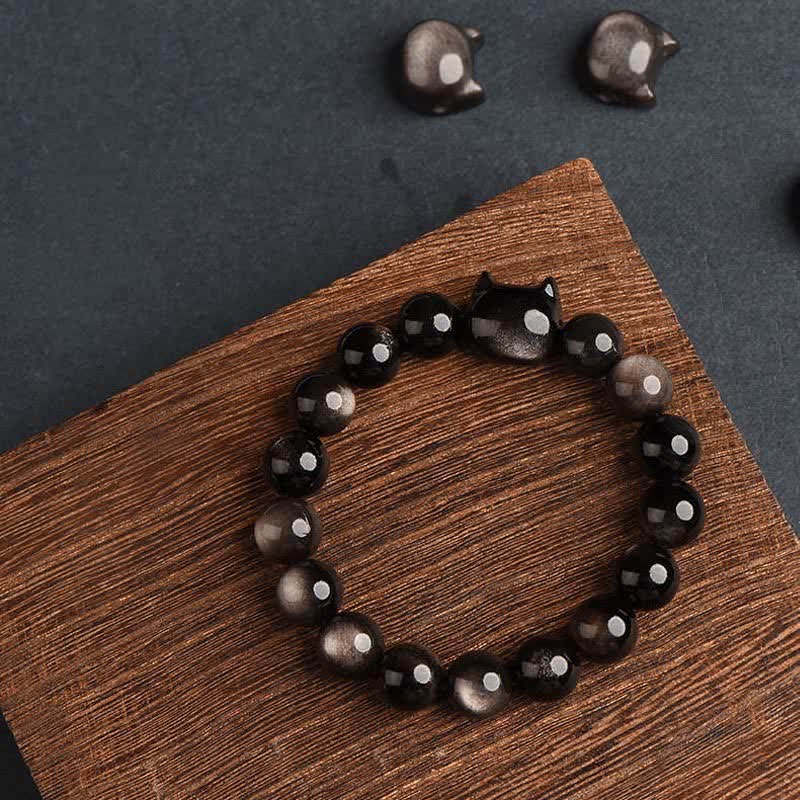 EverestArtStudios Gold Sheen Obsidian Silver Sheen Obsidian Cute Paw Fortunate Cat Protective Bracelet
