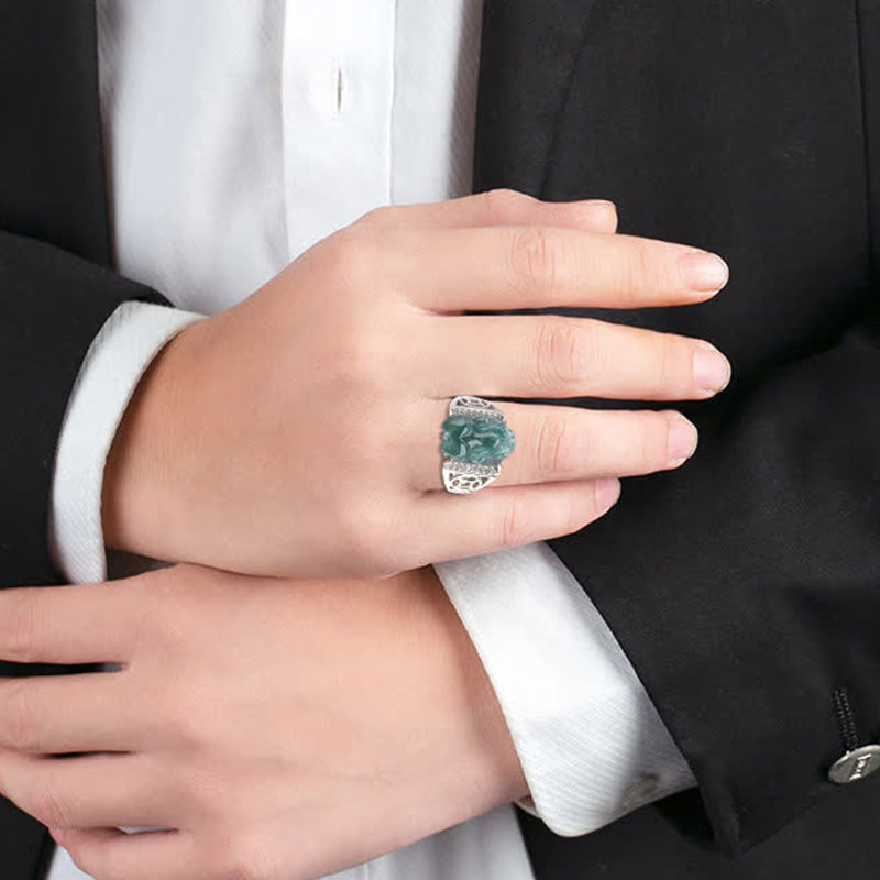 EverestArtstudios 925 Sterling Silver Fengshui Wealth Prosperity Jade PiXiu Luck Ring