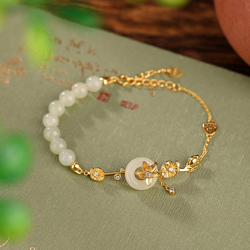 EverestArtstudios 925 Sterling Silver Hetian Jade Peace Buckle Lotus Luck Chain Bracelet