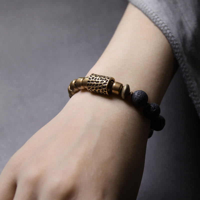 EverestArtstudios Lava Rock Stone Rainbow Obsidian Brass Support Healing Bracelet