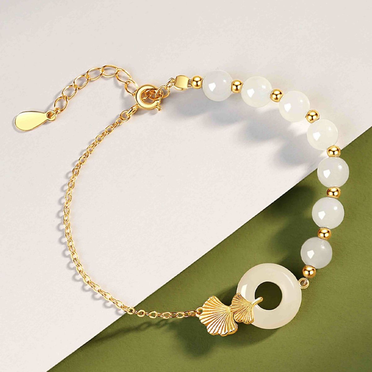 EverestArtstudios 925 Sterling Silver Hetian White Jade Peace Buckle Ginkgo Leaf Luck Bracelet