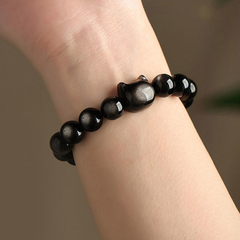 EverestArtStudios Gold Sheen Obsidian Silver Sheen Obsidian Cute Paw Fortunate Cat Protective Bracelet