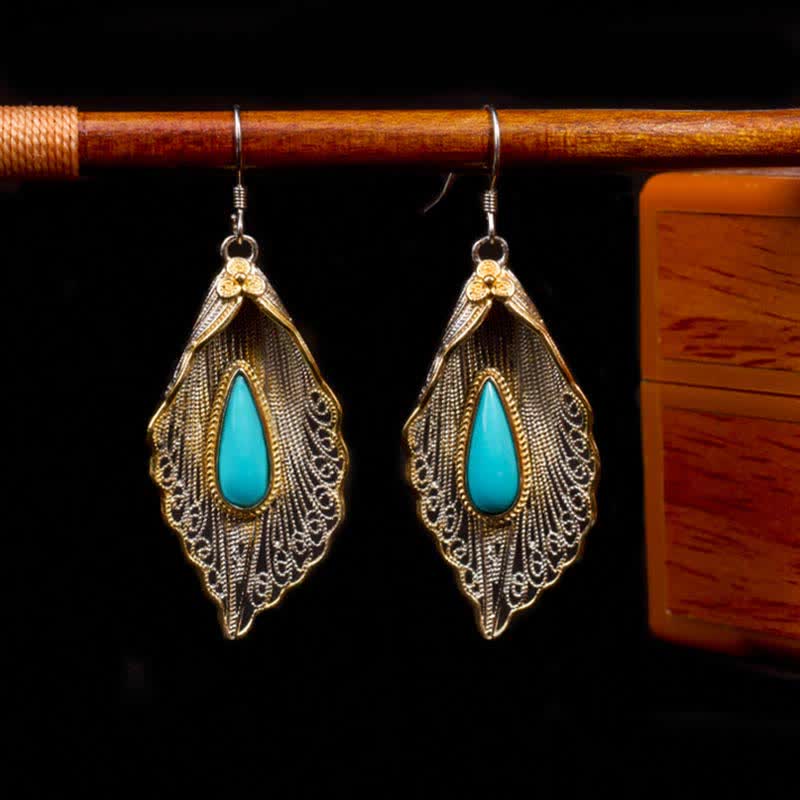 EverestArtStudios 925 Sterling Silver Turquoise Bodhi Leaf Pattern Protection Drop Dangle Earrings