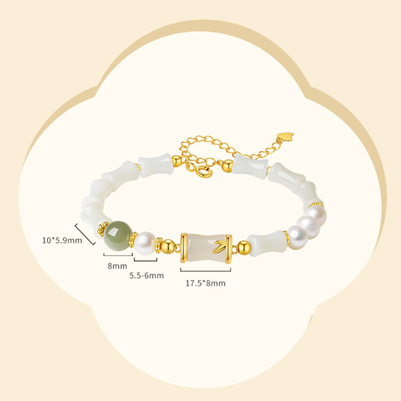 EverestArtstudios 925 Sterling Silver Natural Hetian White Jade Bamboo Luck Blessing Bracelet