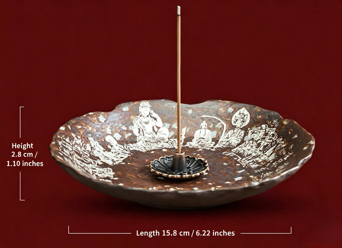 EverestArtStudios Dunhuang Buddhist Incense Holder Tray, Coconut Shell Incense Burner, Large Ash Catcher, Zen Meditation Decor, Buddhist Altar Incense Plate