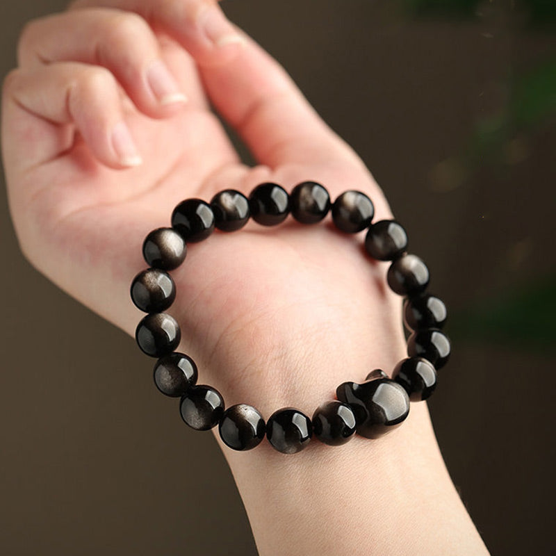 EverestArtStudios Gold Sheen Obsidian Silver Sheen Obsidian Cute Paw Fortunate Cat Protective Bracelet