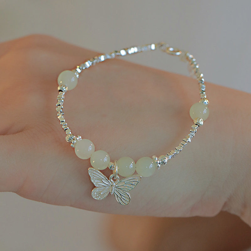 EverestArtstudios 925 Sterling Silver Natural Hetian Jade Luck Butterfly Charm Bracelet