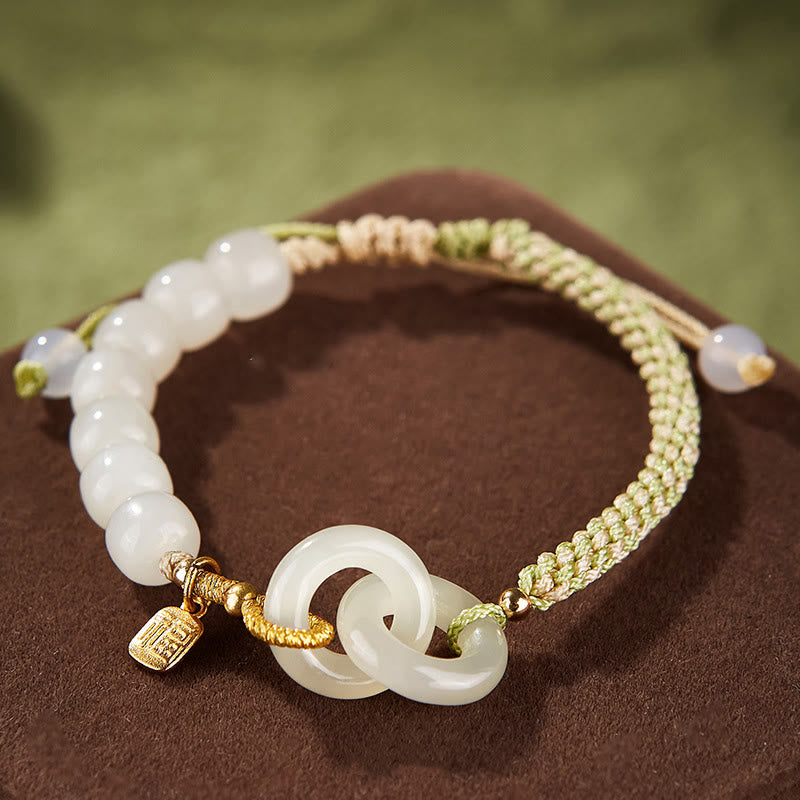 EverestArtstudios Natural Hetian Jade Bead Double Peace Buckle Fu Character Abundance Braided Bracelet