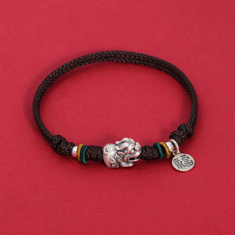 EverestArtStudios 925 Sterling Silver PiXiu Fu Character Wealth Luck Handmade Braided Bracelet