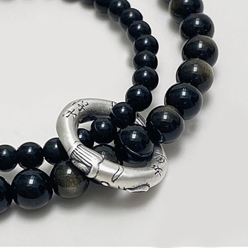 EverestArtstudios 999 Sterling Silver Black Obsidian Fulfillment Strength Double Layer Bracelet