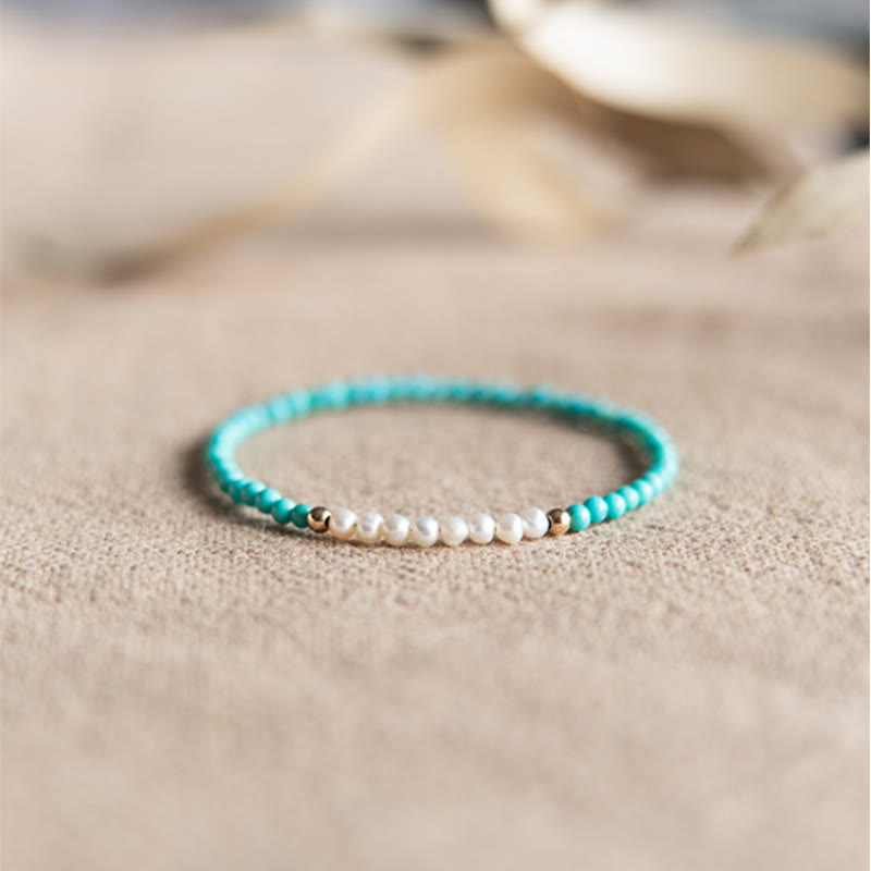 EverestArtStudios 925 Sterling Silver Natural Turquoise Pearl Beaded Bracelet