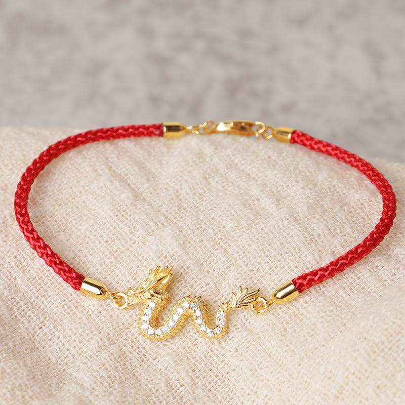 EverestArtstudios 925 Sterling Silver Year Of The Dragon Auspicious Golden Dragon Luck Red Rope Chain Bracelet