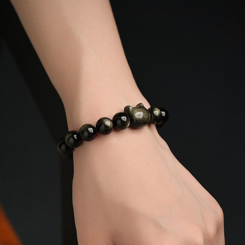 EverestArtStudios Gold Sheen Obsidian Silver Sheen Obsidian Cute Paw Fortunate Cat Protective Bracelet