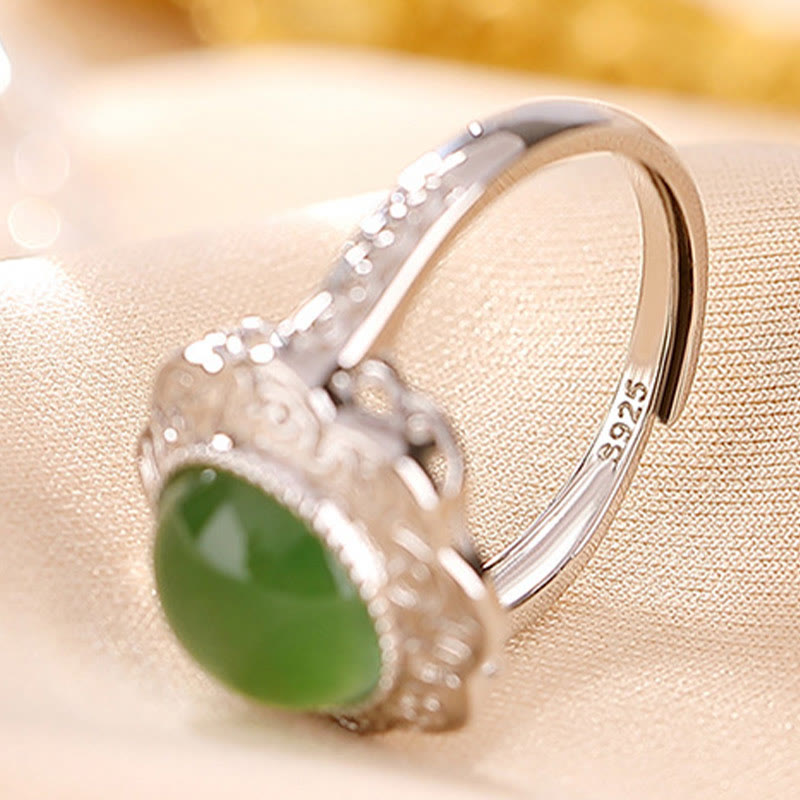 EverestArtstudios 925 Sterling Silver Hetian Cyan Jade Flower Design Luck Adjustable Ring