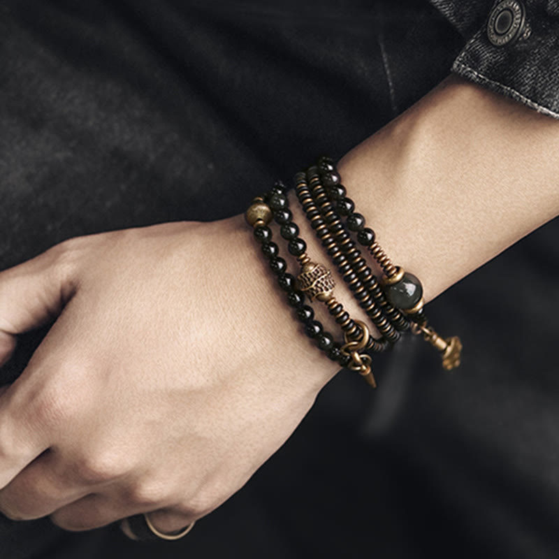 EverestArtstudios Rainbow Obsidian Ebony Wood Copper Positive Multilayer Bracelet