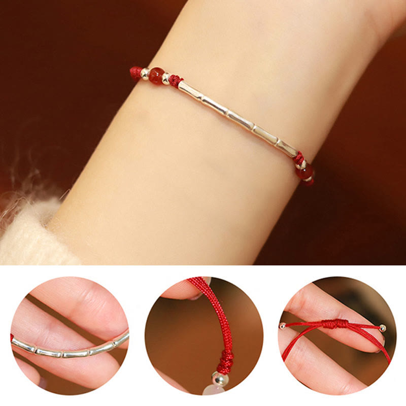 EverestArtStudios 925 Sterling Silver Bamboo White Agate Red Agate Bead Protection String Braided Bracelet
