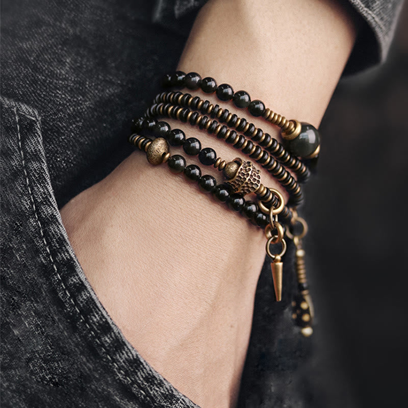EverestArtstudios Rainbow Obsidian Ebony Wood Copper Positive Multilayer Bracelet
