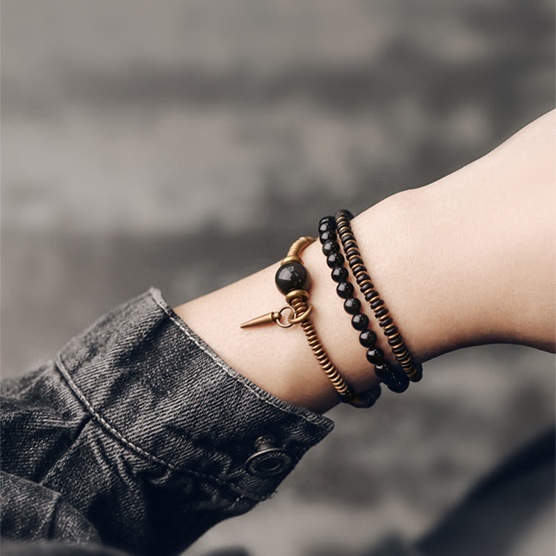EverestArtstudios Rainbow Obsidian Ebony Wood Copper Healing Triple Wrap Bracelet