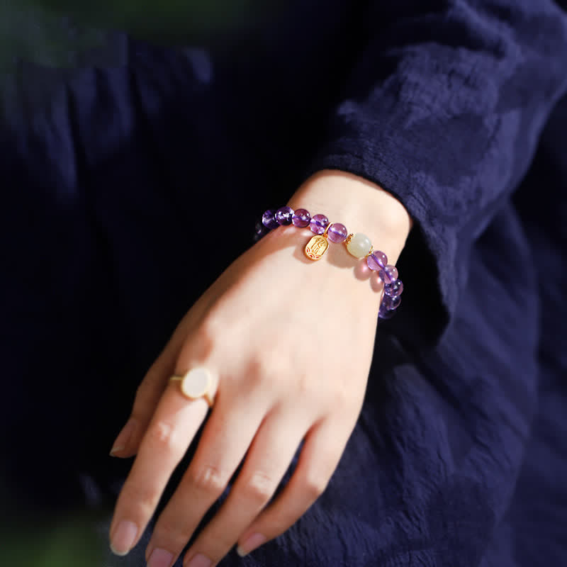 EverestArtstudios Natural Amethyst Crystal Hetian Jade Healing Charm Bracelet