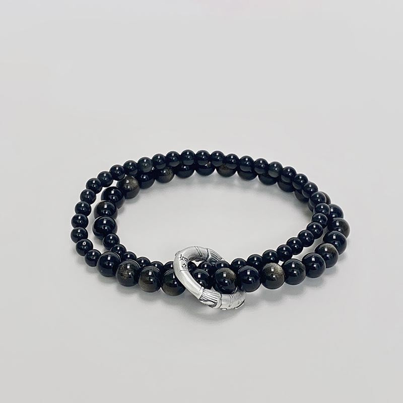 EverestArtstudios 999 Sterling Silver Black Obsidian Fulfillment Strength Double Layer Bracelet