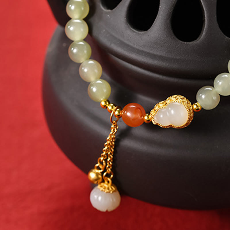 EverestArtstudios 925 Sterling Silver Hetian Jade Gourd Lotus Abundance Luck Bracelet
