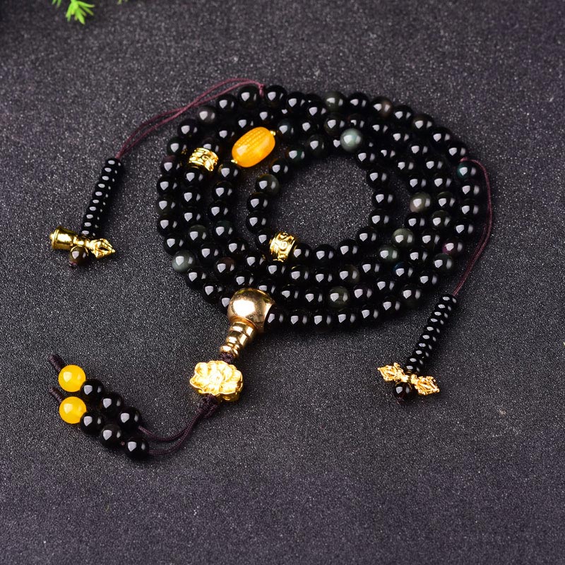 EverestArtstudios 108 Beads Natural Black Obsidian Lotus Fulfilment Mala Bracelet