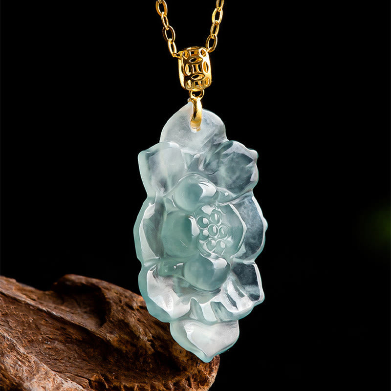 EverestArtstudios Natural Jade Lotus Pattern Prosperity Titanium Steel Chain Necklace Pendant